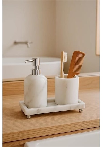 Akayev Mermer Beyaz 3 Parça Gümüş Ayak Banyo Seti Mutfak Sıvı Sabunluk Seti Beyaz