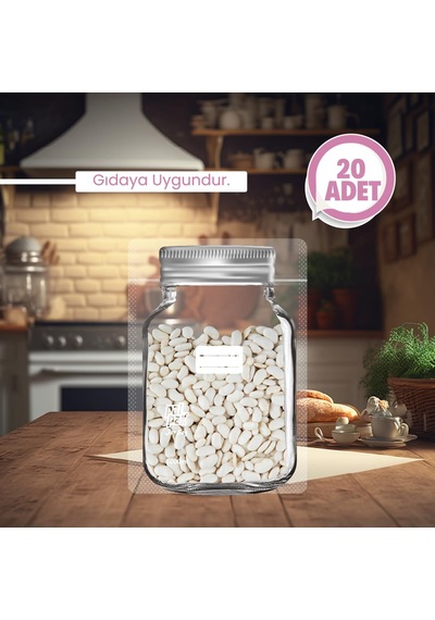 Gümüş Desenli Kavanoz Görünümlü Saklama Poşeti 20 Adet 15x22 Cm - 700 Ml