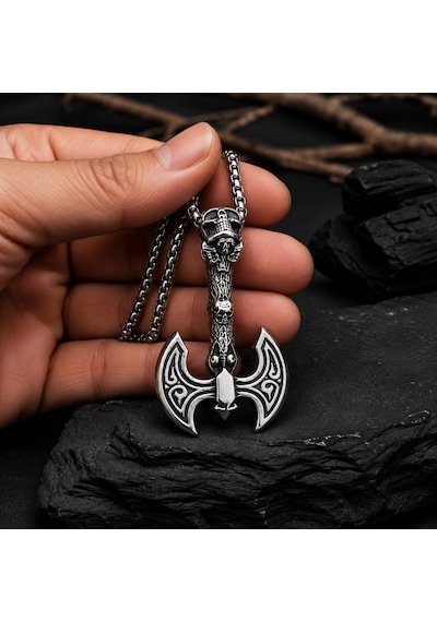 Paslanmaz Çelik Gotik Tarz Kurukafa Balta Kolye Gümüş