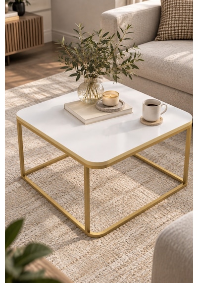 Sulorahome Beyaz Kare Orta Sehpa Gold Metal Ayaklı Beyaz - Altın