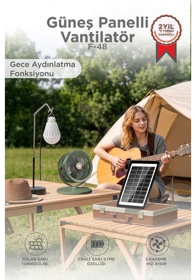Özel Üretim Güneş Panelli Vantilatör Şarjlı Ampüllü F48 Piknik Enerji Pratik