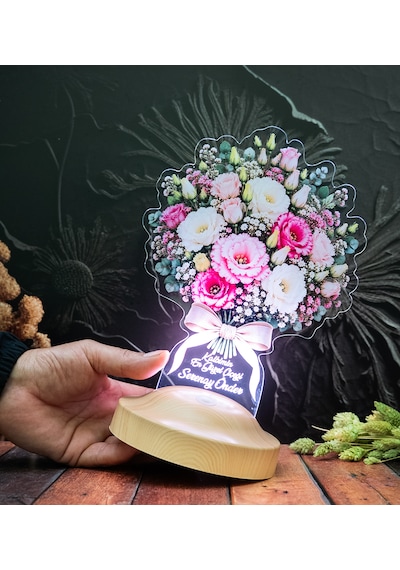 Romantik Lisyantus Çiçek Buketi Led Lamba - Kişiye Özel Sevgiliye Doğum Günü Hediyesi, Yıldönümü Hediyesi