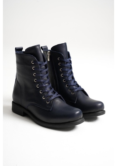 Analin Shoes Kadın Hakiki Deri Bağcıklı Ve Fermuarlı Bot Lacivert