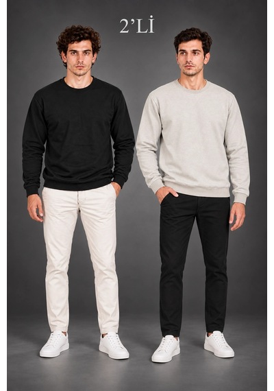 Erkek 2'li Bisiklet Yaka İçi Şardonlu 2 İplik Düz Uzun Kollu Regular Fit Sweatshirt - Siyah & Gri Çok Renkli