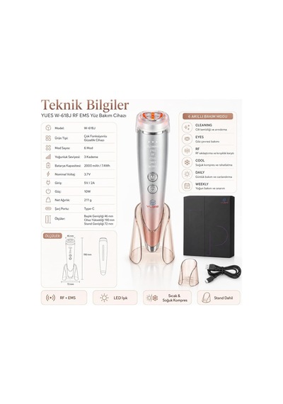 W-618j 6 Modlu Rf Ems Yüz Bakım Cihazı, Kırmızı/mavi Led, Sıcak-soğuk Kompres, Titreşimli Şarjlı Cilt Masaj Aleti, Standlı