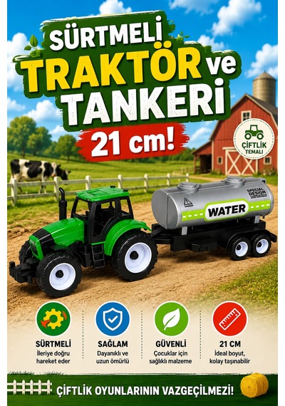 21 Cm Tanker Römorklu Traktör Seti Sürtmeli Oyuncak Su Tankeri Ve Çiftlik Aracı 3+ Yaş