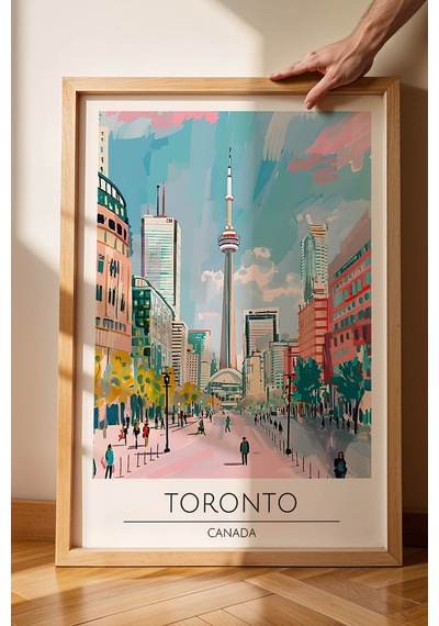 Toronto Kanada Temalı Çerçeveli Tablo Travel Serisi Modern İllüstrasyon Şehir Duvar Dekoru Kayın
