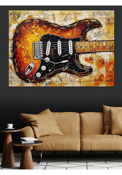 Elektrogitar Soyut Çizimi Dekoratif Kanvas - Mdf Ahşap Tablo