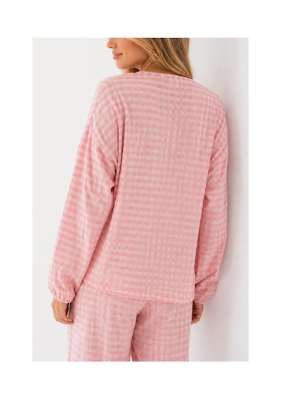 Bella Notte Pembe Beyaz Pötikare Fisto Fırfır Detaylı Uzun Kollu Pijama Takımı Pembe