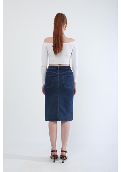 Banny Jeans Önden Yırtmaçlı Likralı Midi Jean Etek Koyu Mavi