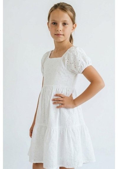 Breeze Kız Çocuk Elbise Çiçek Nakış Güpürlü Kolları Lastikli 6-12 Yaş, Ekru