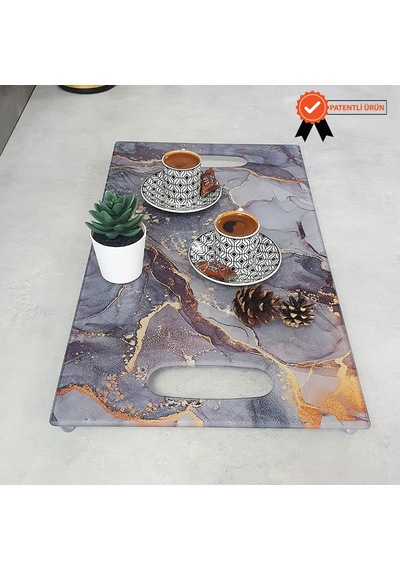 Decorita Cam Tepsi Gold Mermer Desen 29Cm X 52Cm