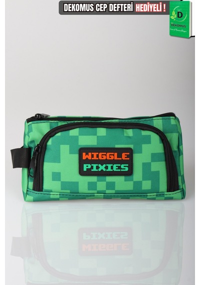 X Dekomus Lisanslı Creeper Piksel Desenli Kalem Çantası Açık Gri