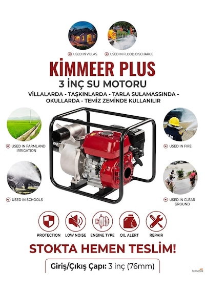 Kimmeer Plus 3 İnç Benzinli Su Motoru - 76mm Giriş Çıkışlı Yüksek Performanslı Su Pompası