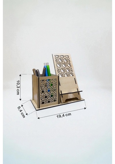 Kalemlik Ve Telefon Standı Geometrik Desenli Doğal Ahşap Açık Meşe Varsayılan