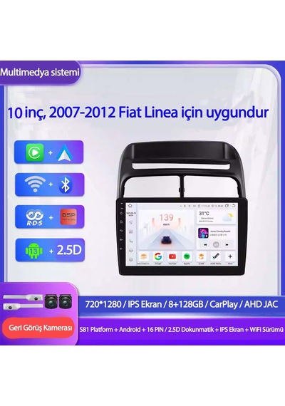 Otolas 1999-2010 Peugeot 206 Için 8+128gb, 10 Inç Carplay Destekli, Kameralı Multimedya Navigasyon Ekran Sistemi 10"