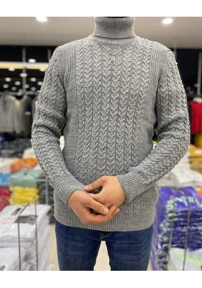 Erkek Koyu Gri Örgü Desenli Balıkçı Yaka Triko Kazak Koyu Gri