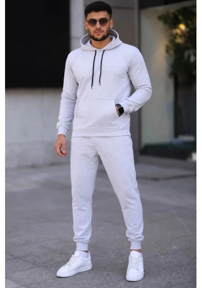 Erkek İki İplik Kapüşonlu Kanguru Cepli Sweatshirt Jogger Pantolon Alt Üst Eşofman Takımı -beyaz