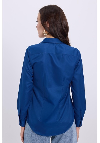 Tudors Kadın Slim Fit Dar Kesim Vücuda Oturan Uzun Kollu Lacivert Basic Gömlek-38823 Lacıvert