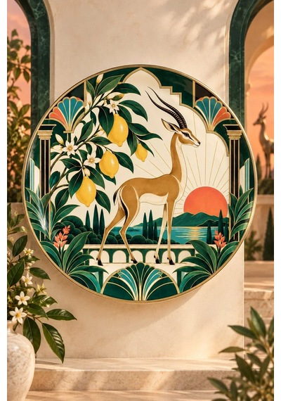 Dekoratif Duvar Tabağı Limonlu Art Deco Bahçe Dekorlu Seramik Tabak Kahverengi
