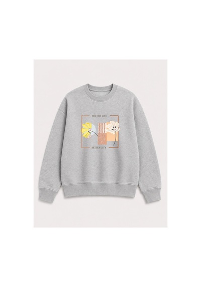 Herkesemoda Better Life Baskı Detaylı Bisiklet Yaka Şardonlu 2 İplik Sweatshirt Gri