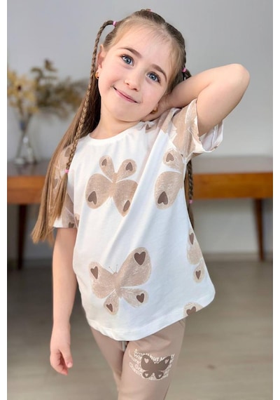 Riccotarz Kız Çocuk Simli Kelebek Baskı Bisiklet Yaka T-shirt Bej Eşofman Takım Beyaz