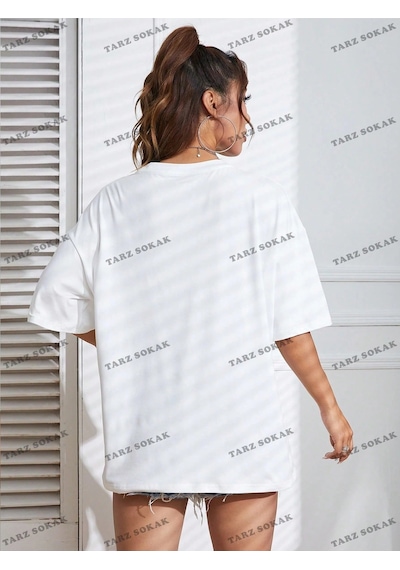Startmore Unisex Bay Harf Grafikli Düşük Omuzlu Tişört Kod-1337 Beyaz