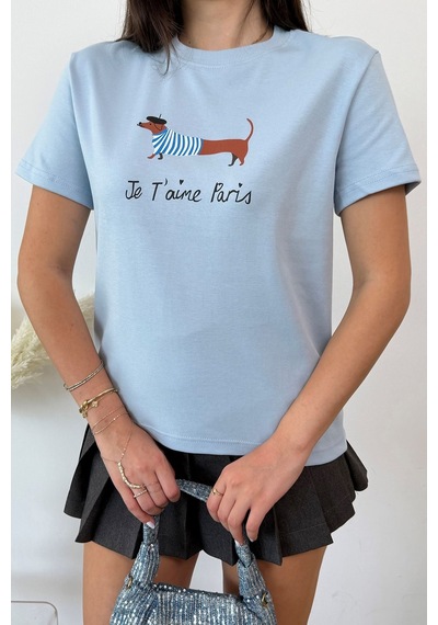 Giysa Kadın Bisiklet Yaka Köpek Baskılı T-shirt Mavi - 26y 2222
