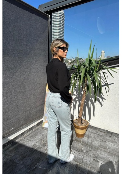 002317 Casual Düz Uzun Kollu Crop Poplin Kadın Gömlek -250 Siyah