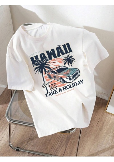 Flood Of Style Unisex Beyaz Hawaii Baskılı Oversize