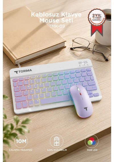 Özel Üretim Fare Işıklı Teknoloji Kablosuz Klavye Mouse Seti Tmk09 Mor