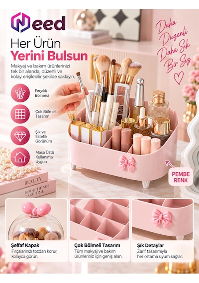 Need Şeffaf Kapaklı Toz Korumalı Fırçalık Bölmeli Makyaj Organizeri Kozmetik Düzenleyici Pembe Nd-8069-pnk