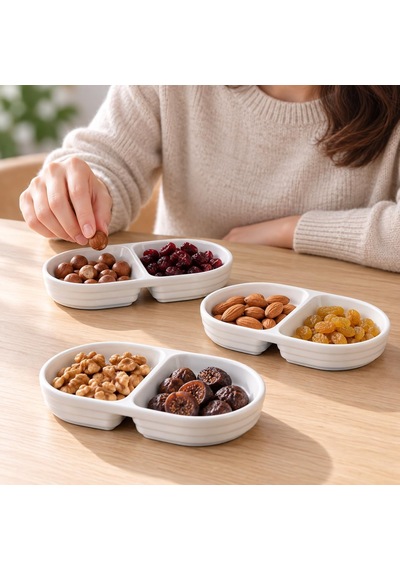 2 Bölmeli Porselen Çerezlik 3 Lü Set, 17 10 2,2 Cm, Beyaz Oval Kuruyemiş Ve Kuru Meyve Tabağı, Kahvaltılık Zeytinlik, Meze Ve Atıştırmalık Sunum Tabağı, 3 Adet
