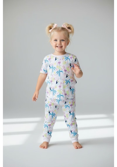 Flamingo Desenli Kısa Kol Kız Çocuk Pijama Takım Pembe