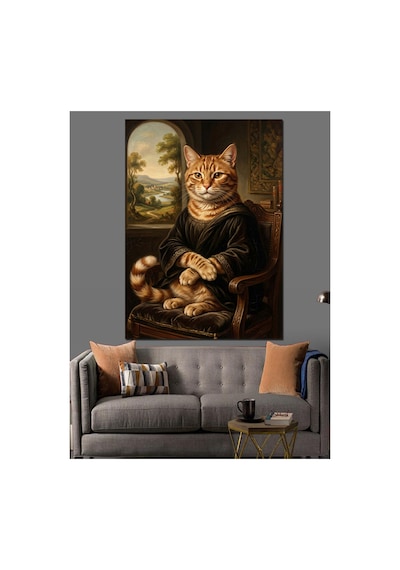 Mona Lisa Tarzı Soylu Kedi Yağlı Boya Dokulu Kanvas Tablo Canvas Tablosu