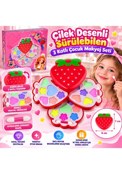 Çilek Desenli Sürülebilen 3 Katlı Çocuk Makyaj Seti