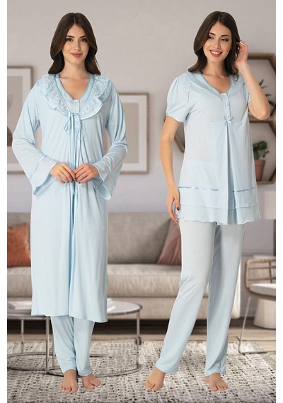 Effort Pijama Kadın Ekru Dantel Sabahlıklı Lohusa Pijama Takımı 8024 Ekru