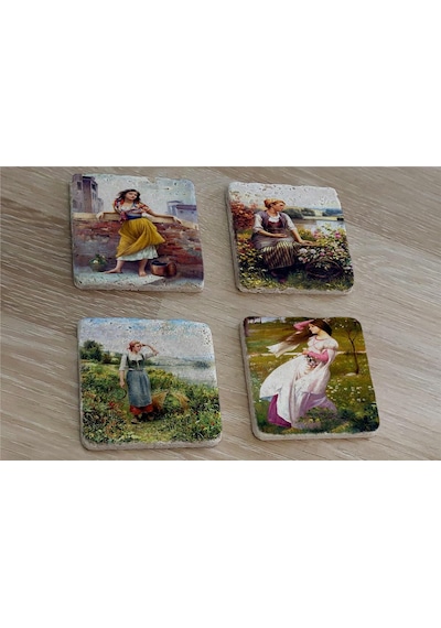 Çingene Kızı Ve Kadınlar Doğal Taş Bardak Altlığı 4'lü Set - Natural Stone Coasters - Taş Çok Renkli
