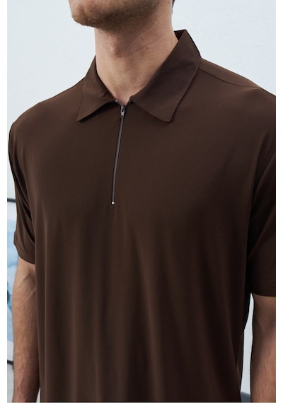 Baselco Polo Yakalı Fermuarlı Fresh Vizkon T-shirt - Tiril Tiril Esnek Kahverengi