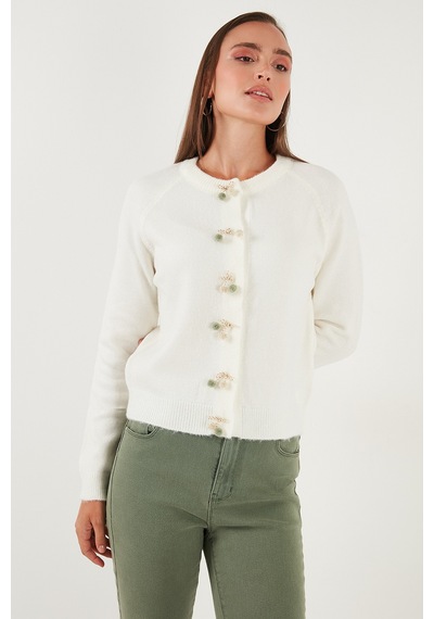 Lela Premium Regular Fit Bisiklet Yaka Fiyonk Detaylı Bayan Hırka 6802939 Ekru