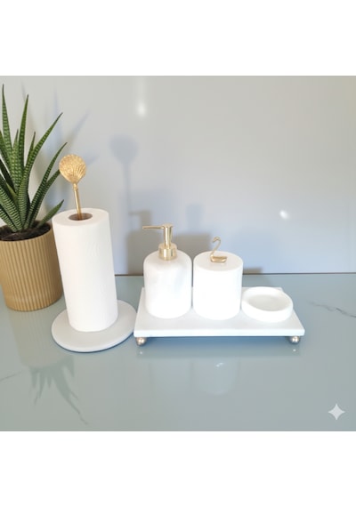 Doğal Beyaz Mermer Banyo Ve Lavabo Düzenleyici 5 Li Set Gold Aksesuarlı Beyaz