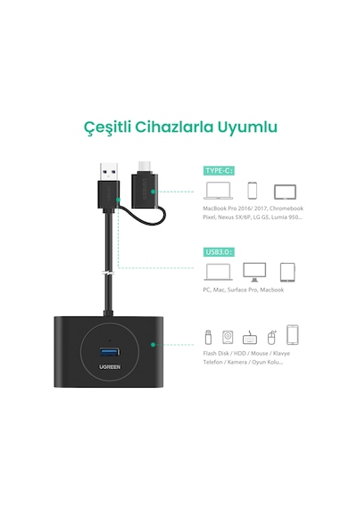 Ugreen Usb A/usb C To 4 Port Usb 3.0 Hub Çoklayıcı Siyah 1 Metre, 40850