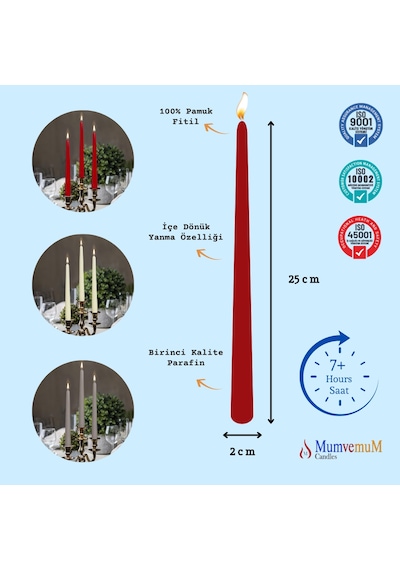 24 Lü Bordo Renk Konik Şamdan Mum Bordo