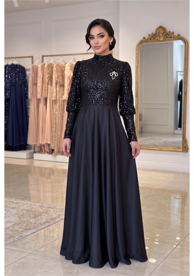 Dorne Moda Üstü Pul Paletli Altı Saten Kloş Detaylı Mezuniyet Ve Nişan Abiye Elbise Siyah Siyah Dorne Moda Üstü Pul Paletli Altı Saten Kloş Detaylı Mezuniyet Ve Nişan Abiye Elbise Siyah Siyah
