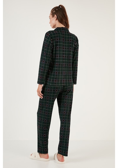 Lela Desenli Beli Lastikli Gömlek Yaka Dokuma Bayan Pijama Takımı 6095660W4 Yeşil
