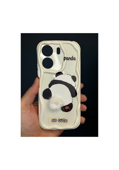 Fibaks Redmi 13c-poco C65 Uyumlu Kılıf Tasarımlı Desenli Kamera Korumalı Panda Beyaz Püsküllü Silikon Kapak