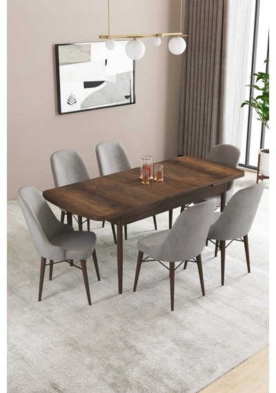 Sar Pakete Almira Serisi, Barok Ahşap Desen 80x132 Açılabilir Mdf Mutfak Masası Takımı 6 Adet Sandalye Gri Sar Pakete Almira Serisi, Barok Ahşap Desen 80x132 Açılabilir Mdf Mutfak Masası Takımı 6 Adet Sandalye Gri