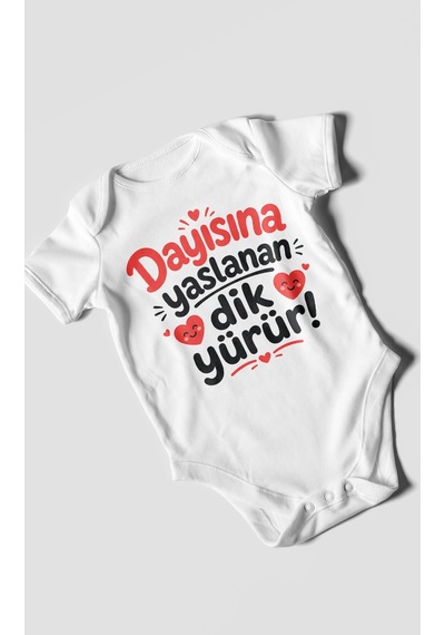 Morivokids Dayısına Yaslanan Dik Yürür Kısa Kollu Bebek Body %100 Pamuk Zbn254-kk Beyaz