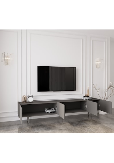 Capella Gri Mdf Country 5 Kapak Ahşap Ayaklı 200 Cm Tv Ünitesi