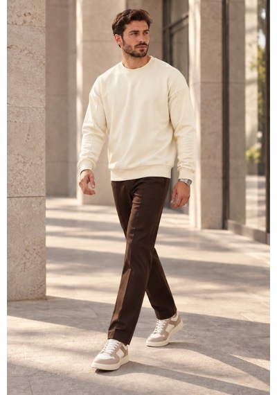 Polo State Erkek Bisiklet Yaka Oversize Dikiş Detaylı Basic Sweatshirt - Ekru